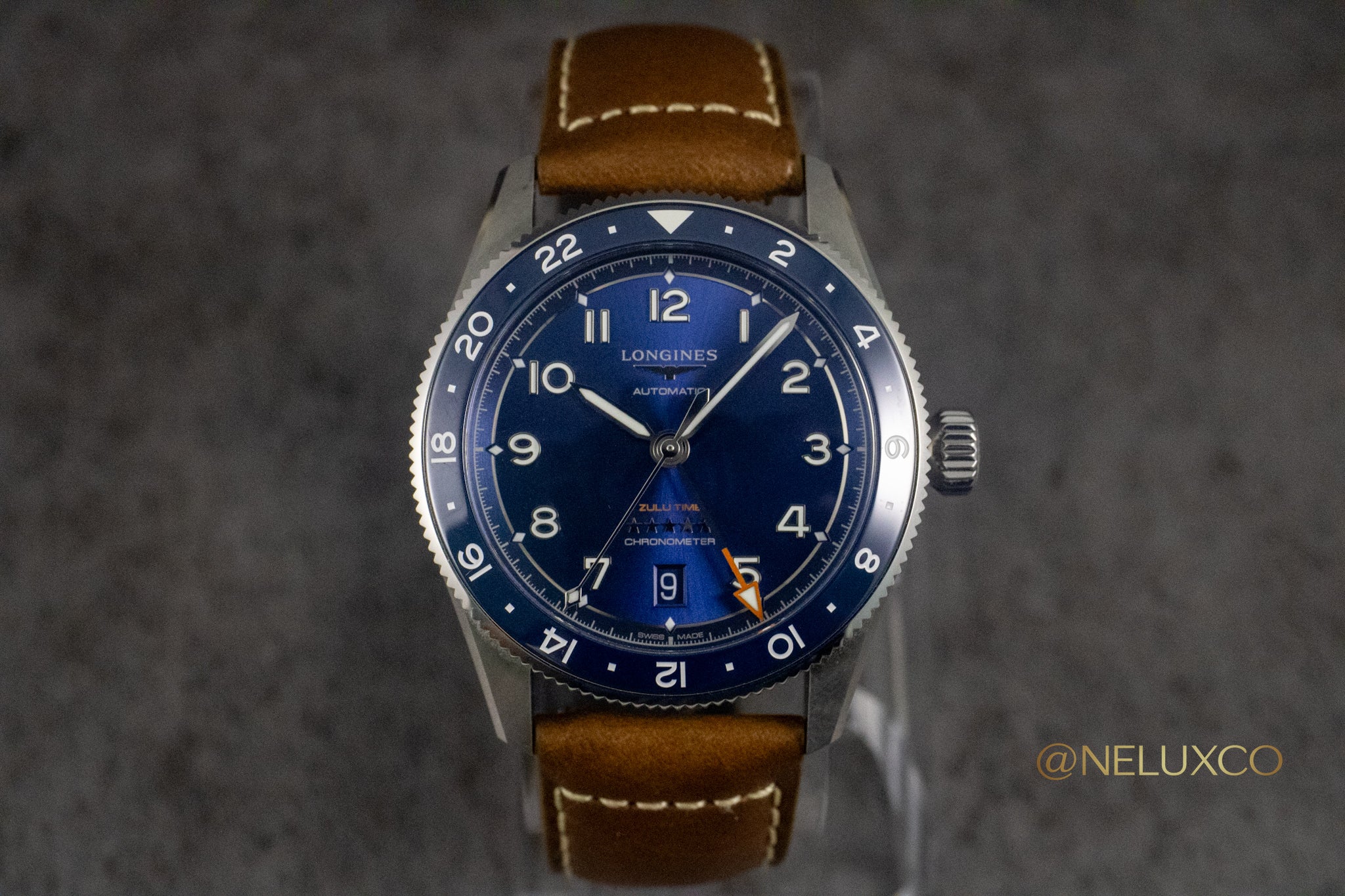 Longines Zulu Time Blue Dial on Leather L3.802.4.93.2 Complete Open Date