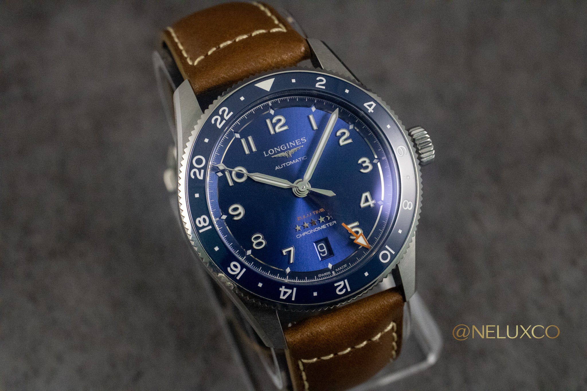 Longines Zulu Time Blue Dial on Leather L3.802.4.93.2 Complete Open Date