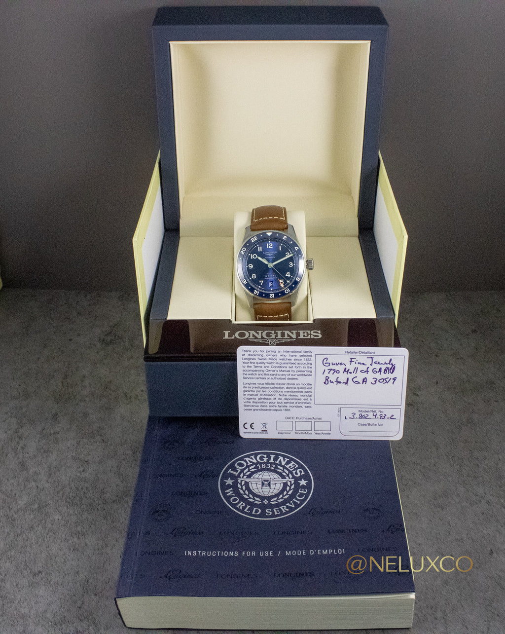 Longines Zulu Time Blue Dial on Leather L3.802.4.93.2 Complete Open Date