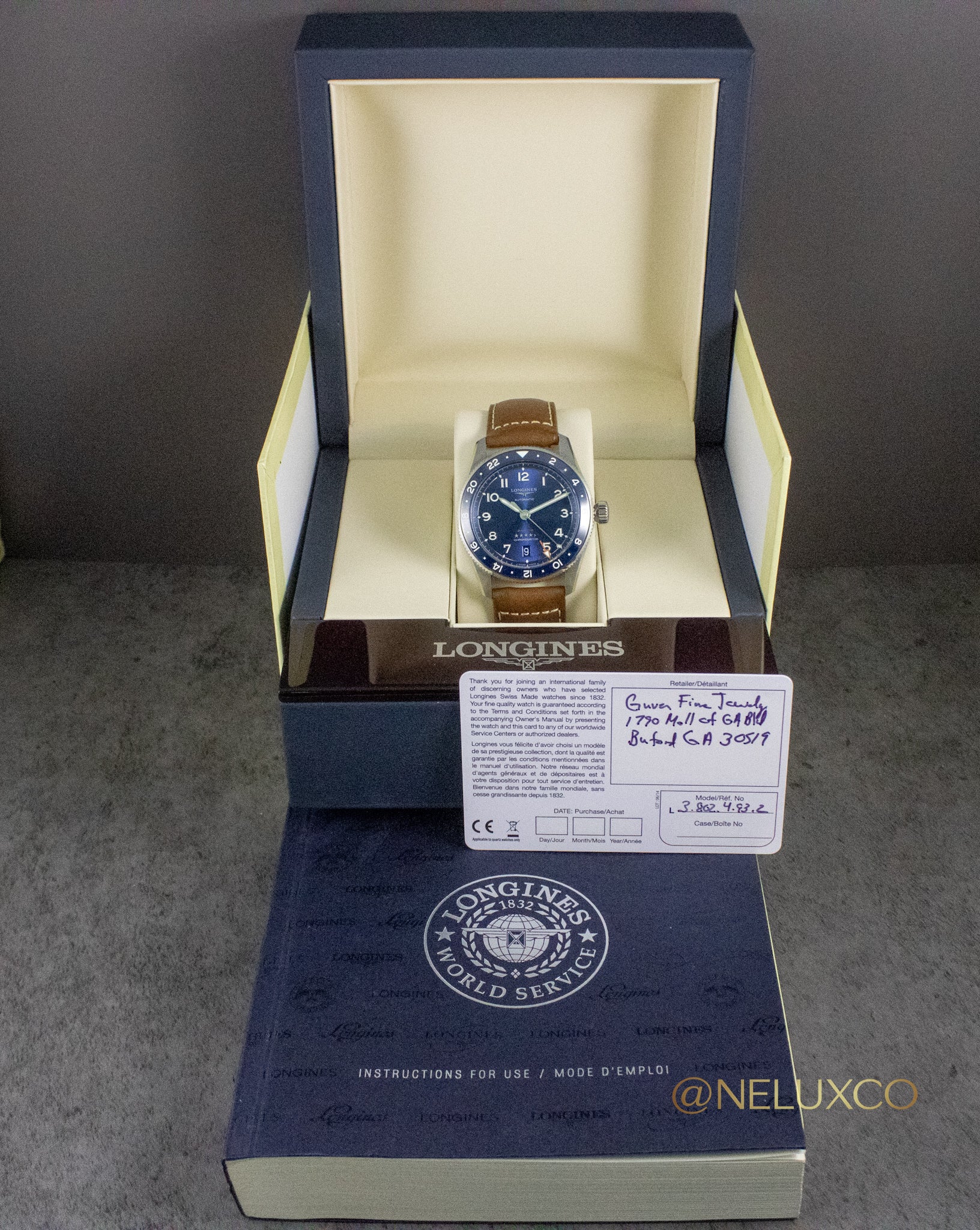 Longines Zulu Time Blue Dial on Leather L3.802.4.93.2 Complete Open Date