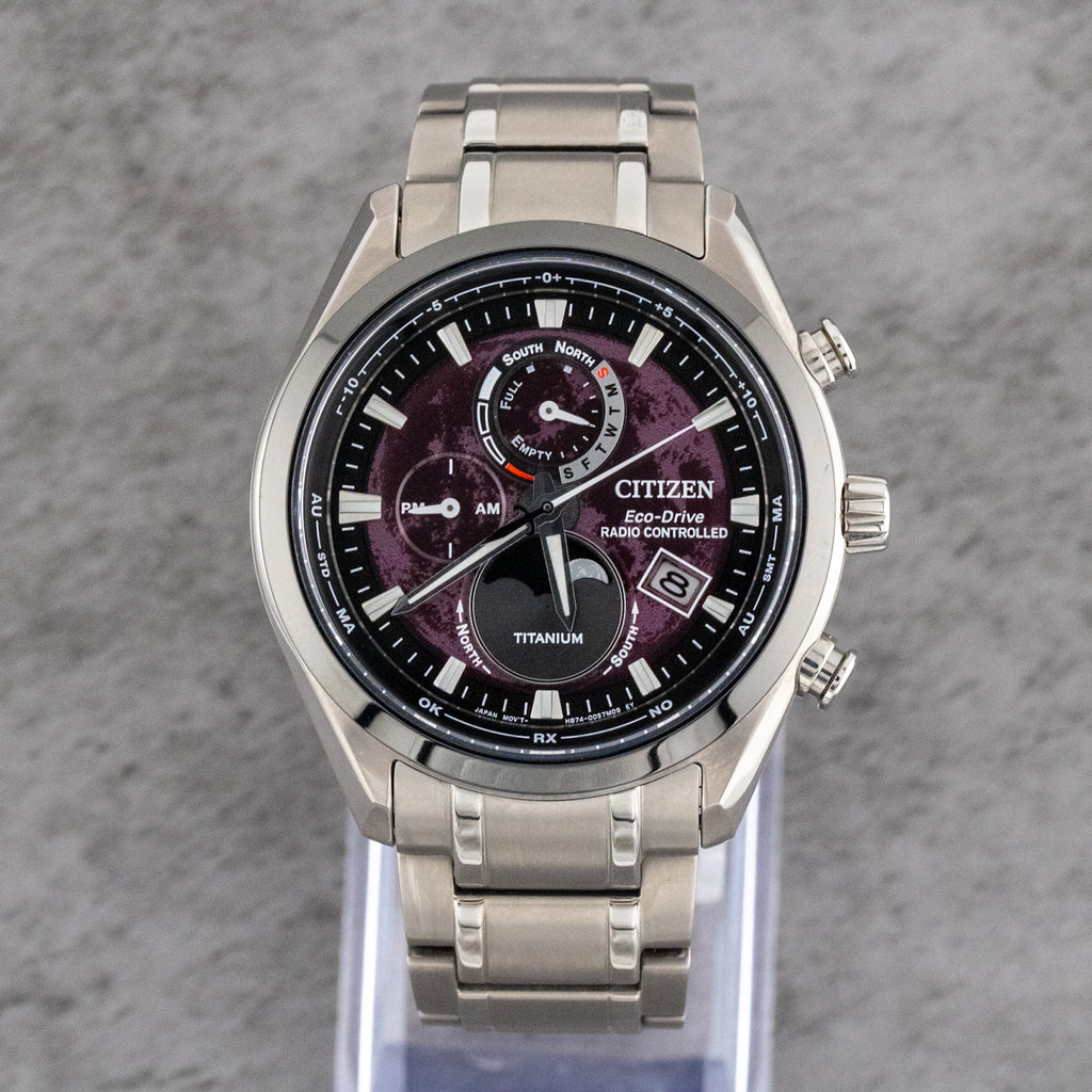 Citizen Tsuki-yomi A-T Moon Phase Purple Dial on Titanium BY1018-80X Complete Open Date