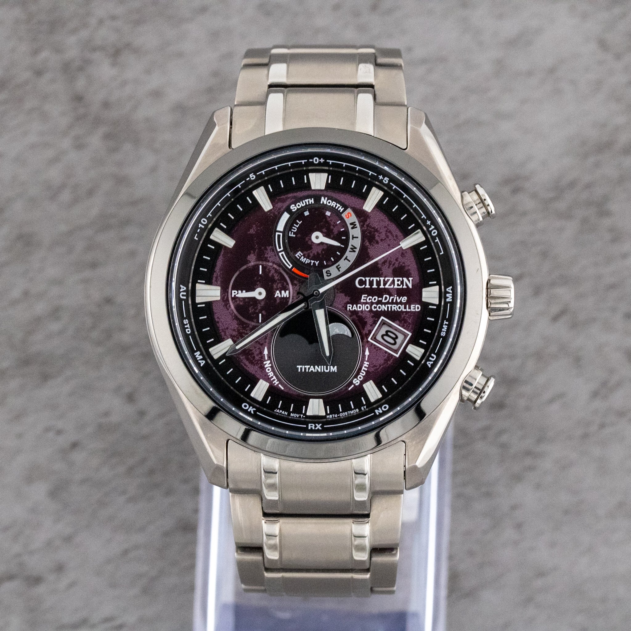 Citizen Tsuki-yomi A-T Moon Phase Purple Dial on Titanium BY1018-80X Complete Open Date