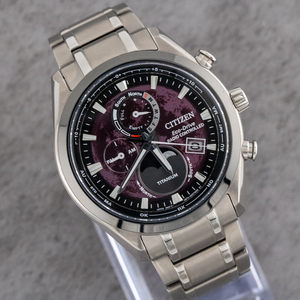 Citizen Tsuki-yomi A-T Moon Phase Purple Dial on Titanium BY1018-80X Complete Open Date