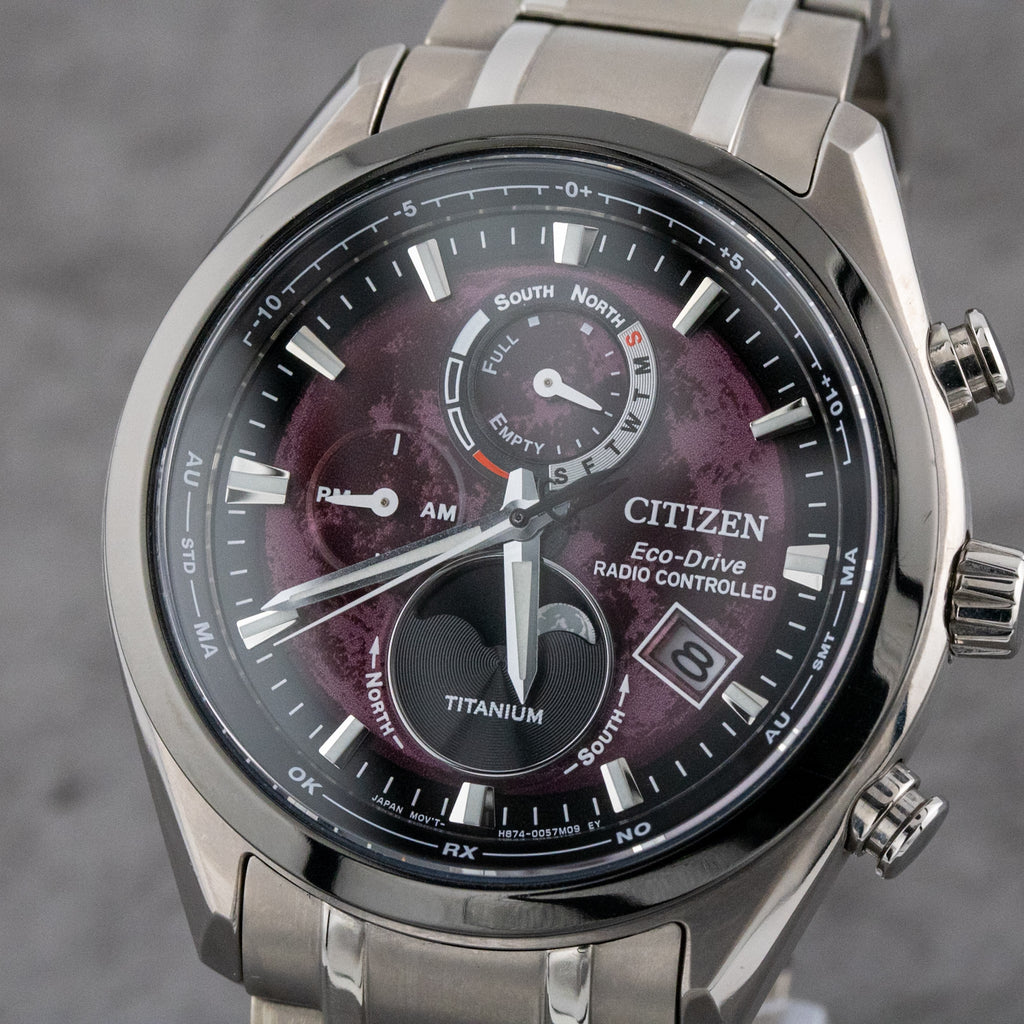 Citizen Tsuki-yomi A-T Moon Phase Purple Dial on Titanium BY1018-80X Complete Open Date