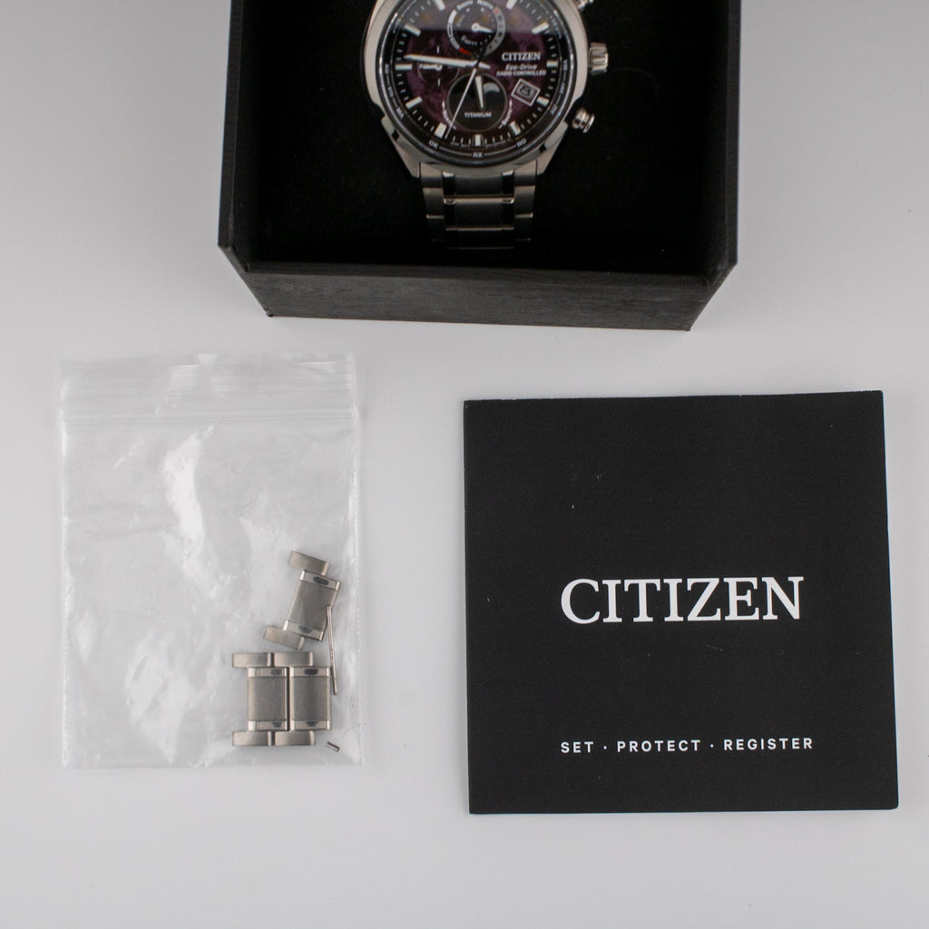 Citizen Tsuki-yomi A-T Moon Phase Purple Dial on Titanium BY1018-80X Complete Open Date