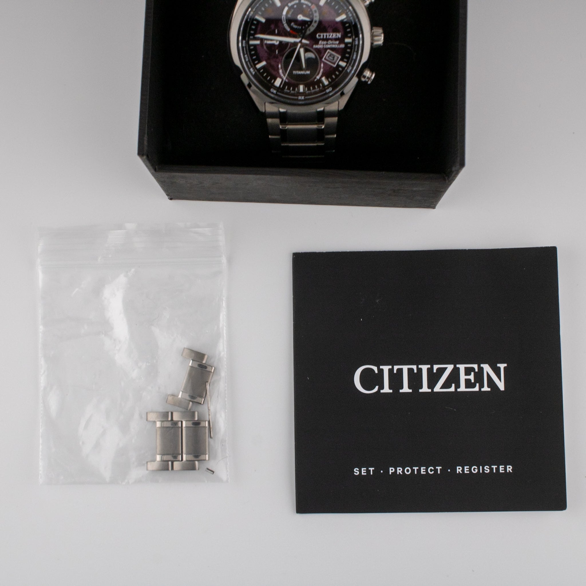 Citizen Tsuki-yomi A-T Moon Phase Purple Dial on Titanium BY1018-80X Complete Open Date